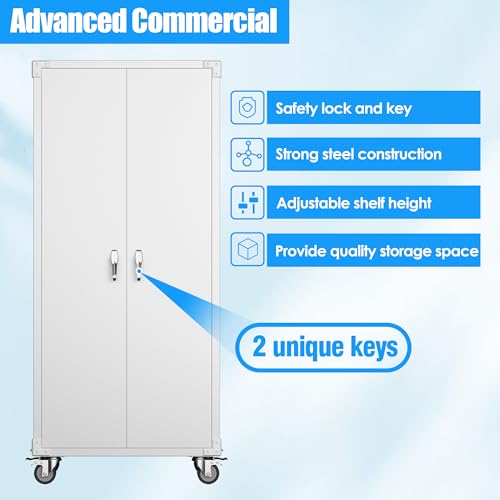 Metal Storage Cabinet with Wheels, 73" H, Locking Doors and Adjustable Shelves A1751