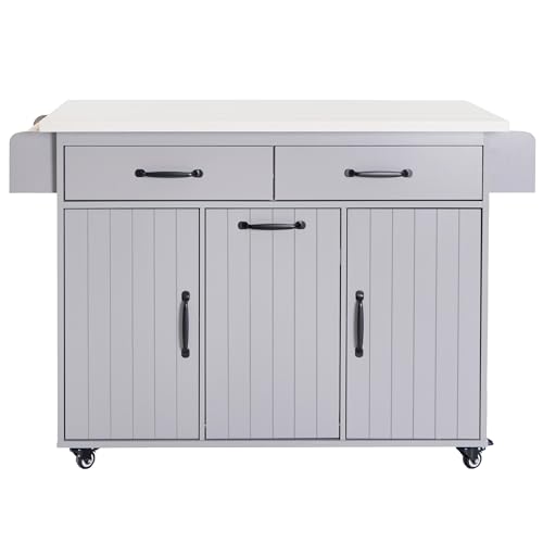 Farmhouse Kitchen Island with Drop Leaf, Barn Door and Power Outlet C3058