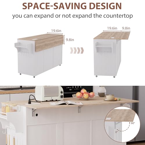 Kitchen Island on Wheels with Storage, Drop Leaf and Power Outlet I19403