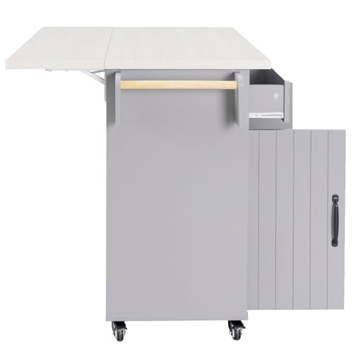 Farmhouse Kitchen Island with Drop Leaf, Barn Door and Power Outlet C3058