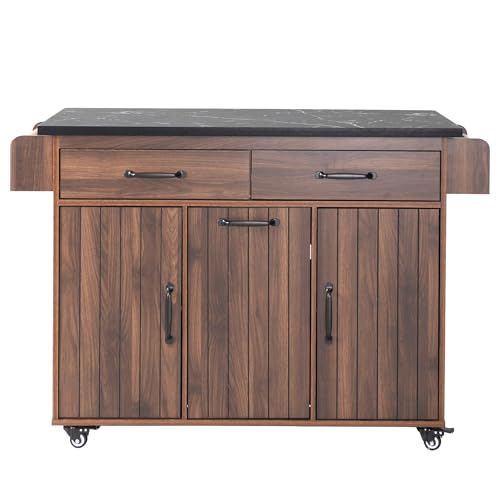Farmhouse Kitchen Island with Drop Leaf, Barn Door and Power Outlet C3058
