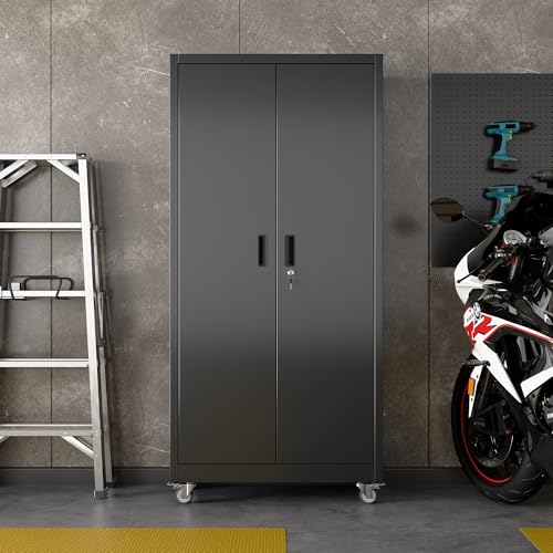 Garage Storage Cabinet with Wheels, 72" H, 2 Doors, 4 Adjustable Shelves, Black R4307