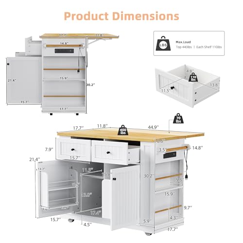 Rolling Kitchen Island Cart with Drop Leaf, Power Outlet, and 5 Open Shelves L877625