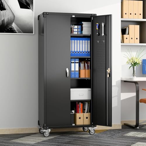 Garage Storage Cabinet with Wheels, 72" H, 2 Doors, 4 Adjustable Shelves, Black R4307