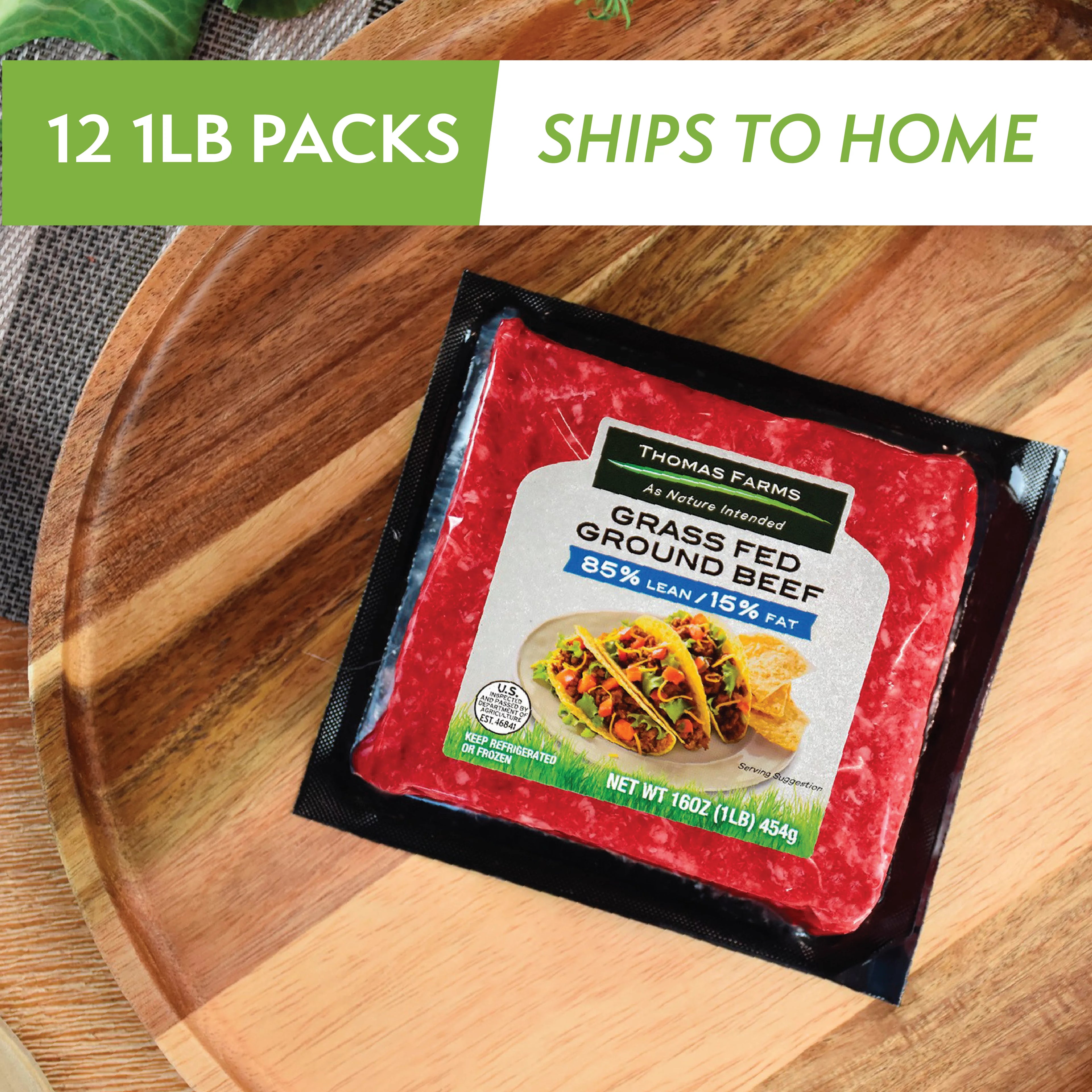 Thomas Farms Grass Fed Ground Beef 85/15, Twelve 1lb Packages