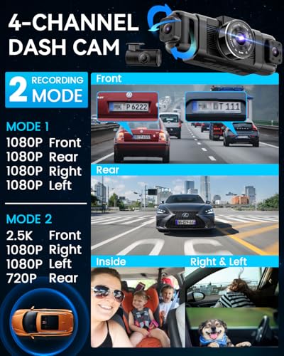 4 Channel Dash Cam 360° View, 1080P Front and Rear Inside, Left Right, Night Vision, 5G WiFi & APP Control S90144