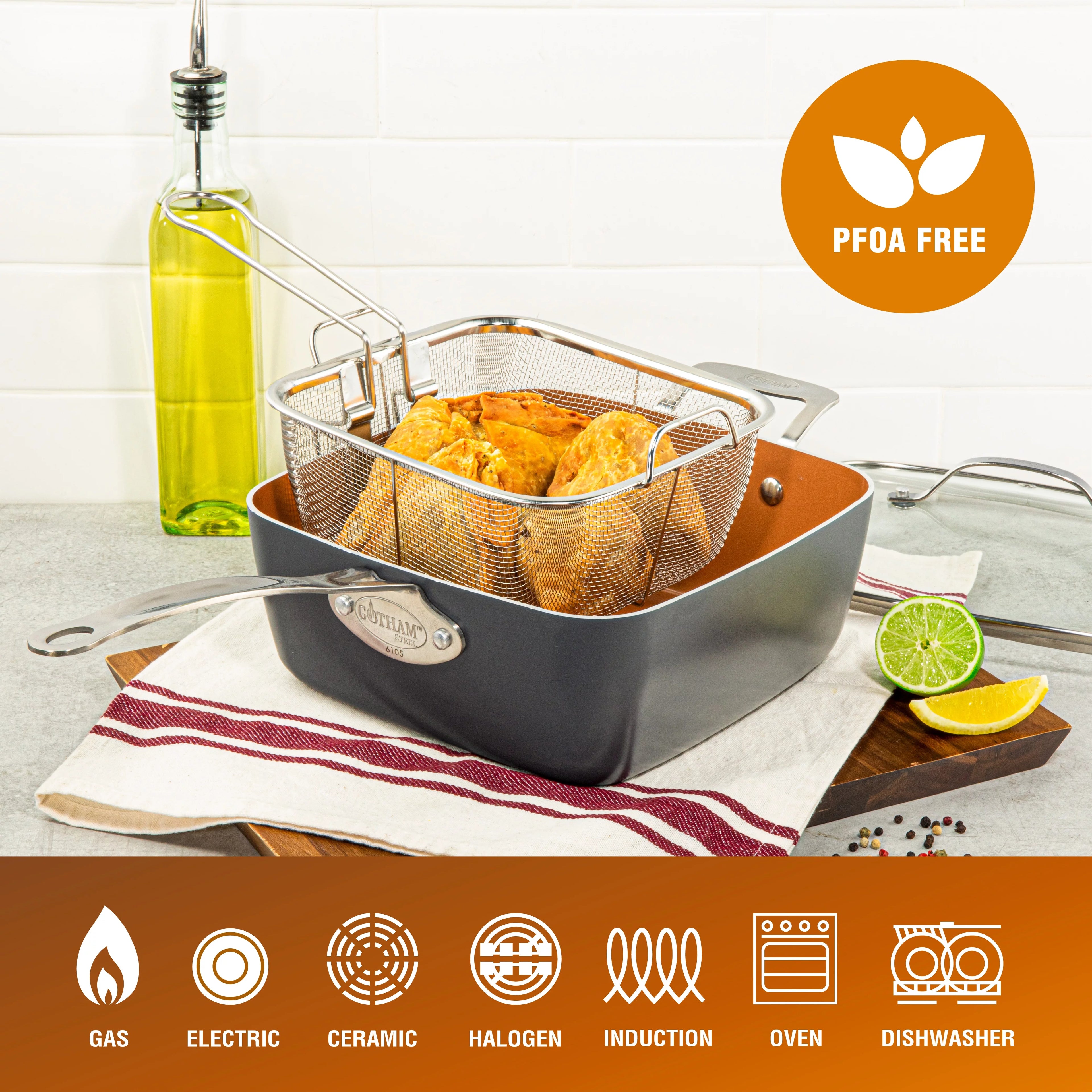 6 Qt Nonstick Copper Deep Square Casserole Pan & Stock Pot 4 Piece Set with Frying Basket and Steamer Tray I80644