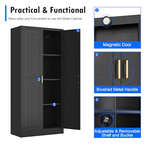 Tall Kitchen Storage Cabinet with Doors and Adjustable Shelves, Black Freestanding Cupboard J20442