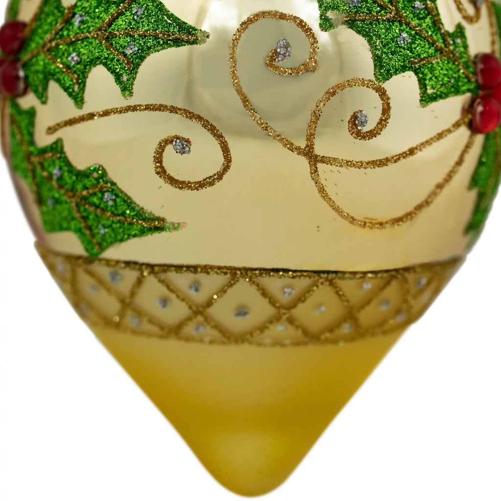 Golden Glitter Holly Christmas Glass Ornaments 5" Set of 2 X59666