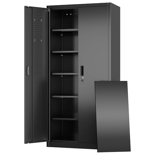 Garage Storage Cabinet with Wheels, 72" H, 2 Doors, 4 Adjustable Shelves, Black R4307