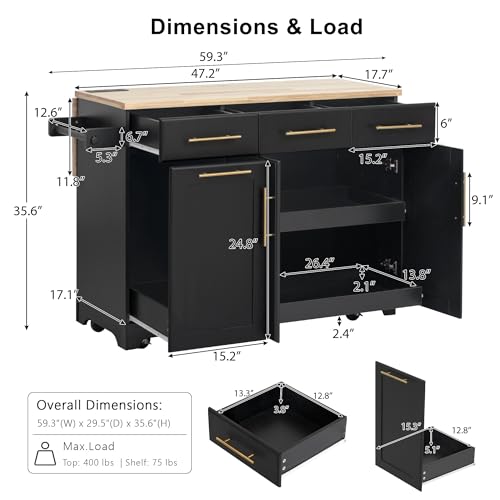 Farmhouse Kitchen Island with Drop Leaf, Barn Door and Power Outlet C3058