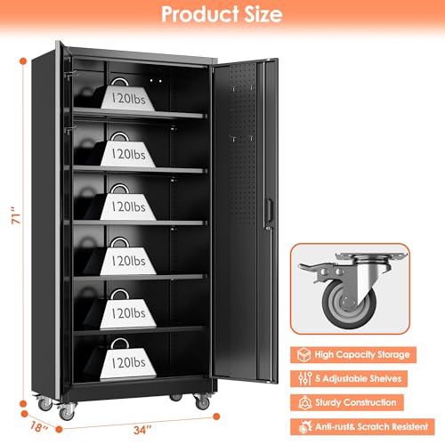 Metal Storage Cabinet with Wheels, 73" H, Locking Doors and Adjustable Shelves A1751