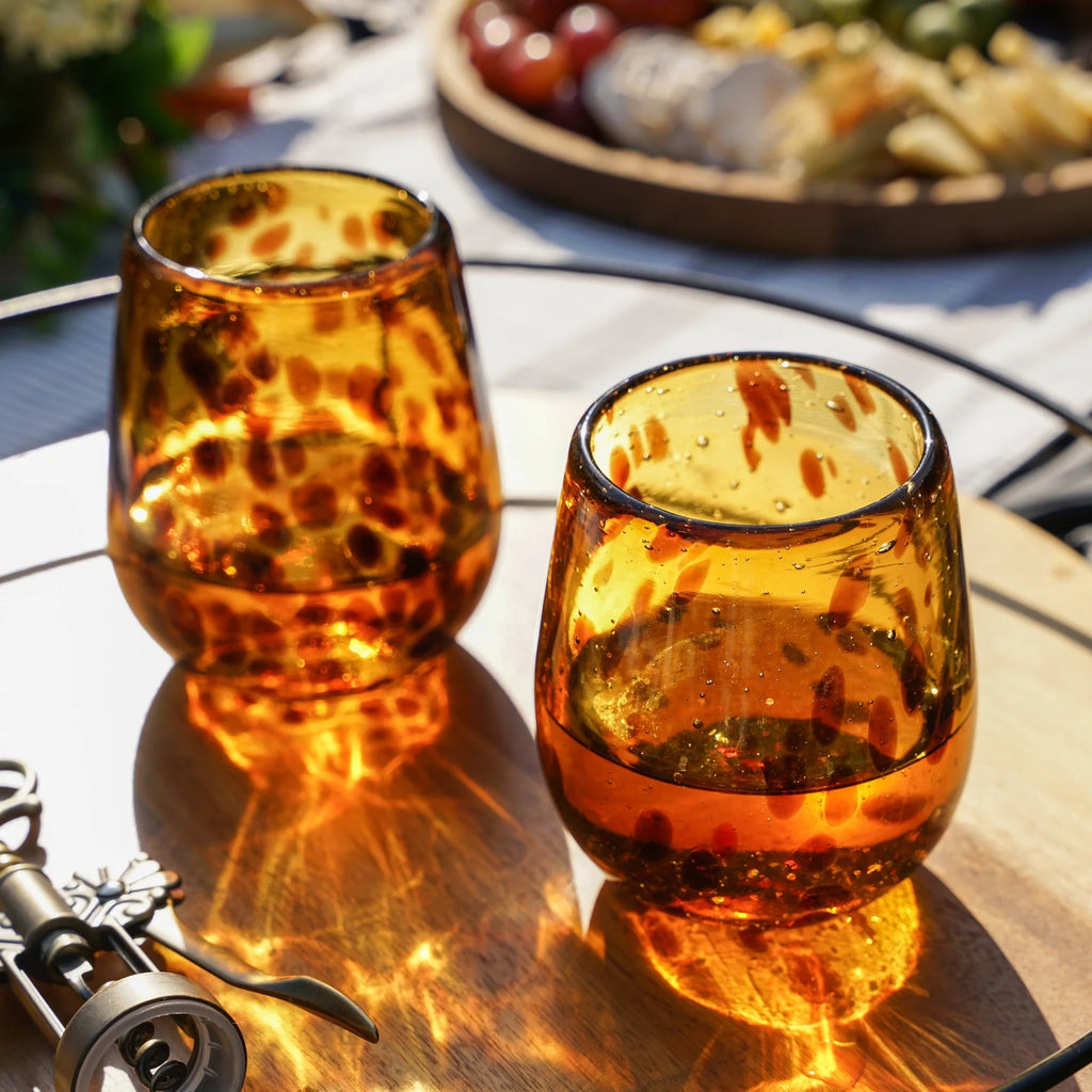 Tortoise Shell Stemless Wine Glasses, Recycled Glass, 13oz, Set of 2 E621733