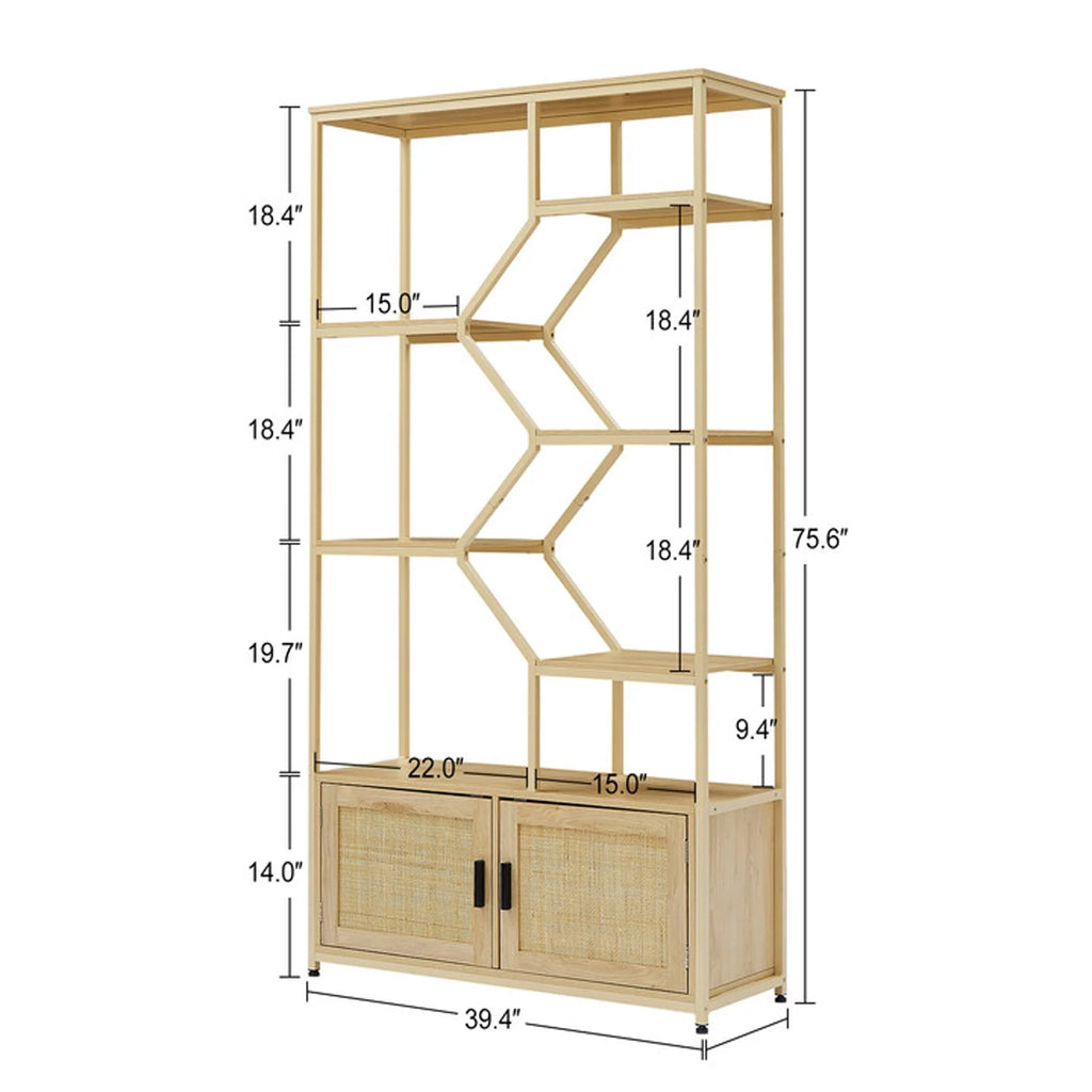 Rattan Bookshelf 7 Tiers with Storage Cabinet and Doors N66680