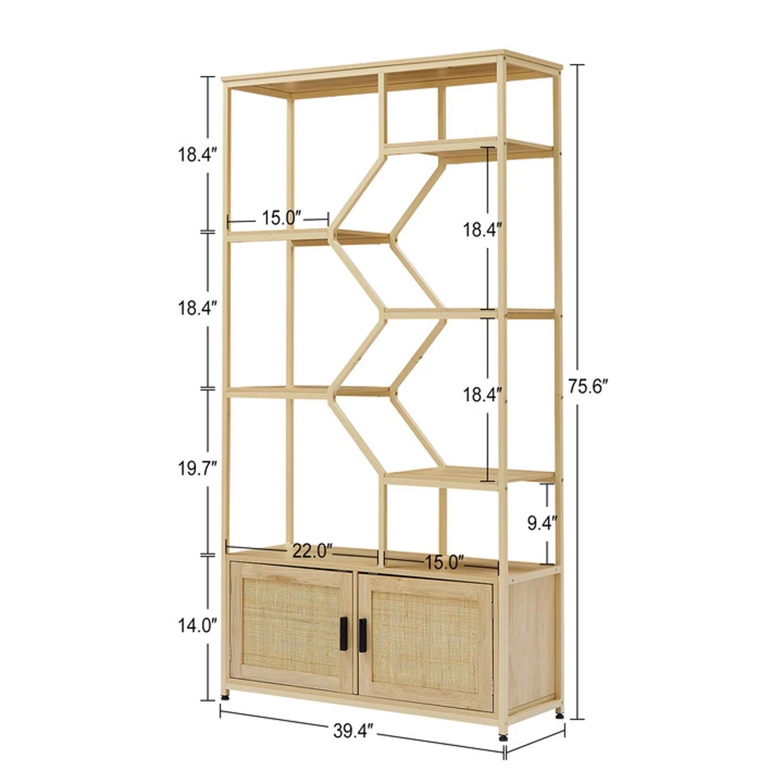 Rattan Bookshelf 7 Tiers with Storage Cabinet and Doors N66680