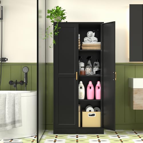 Tall Kitchen Storage Cabinet with Doors and Adjustable Shelves, Black Freestanding Cupboard J20442