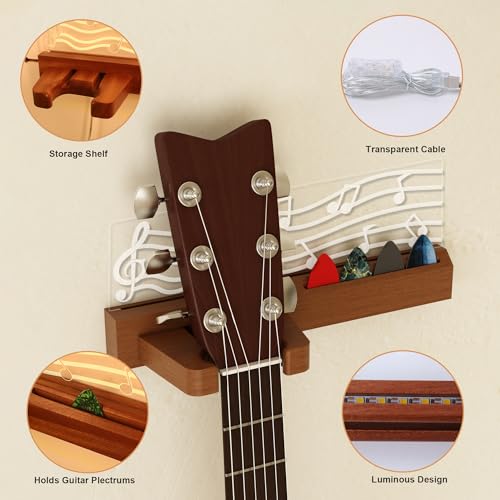 Guitar Wall Mount Stand with LED Lights, Solid Wood & Acrylic, USB-Powered F283