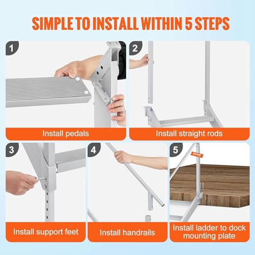 Dock Stairs Ladder 4 Step, Aluminum Adjustable Height, Non-Slip Pedals C142230