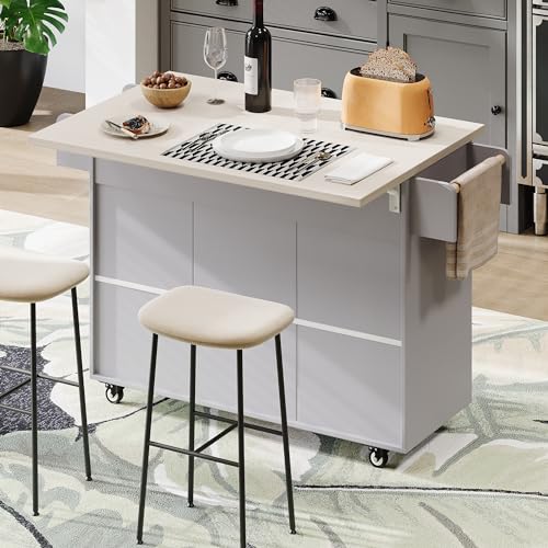 Farmhouse Kitchen Island with Drop Leaf, Barn Door and Power Outlet C3058