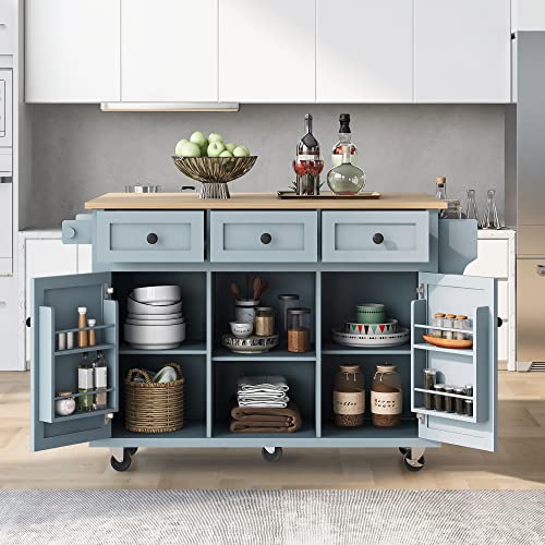 Large Kitchen Island with Drop Leaf, Rolling Cart, Power Outlet and Storage A3211