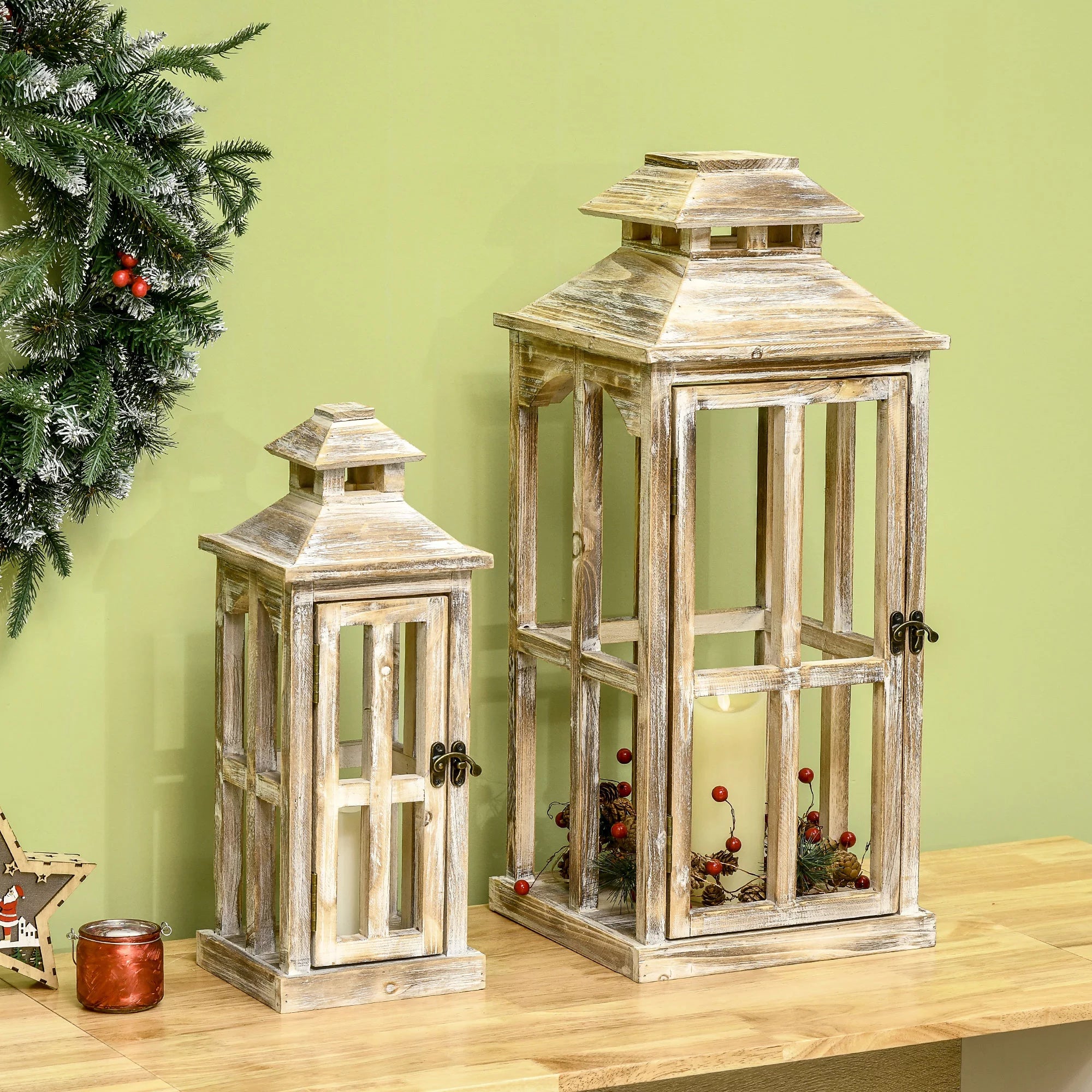 Rustic Wooden Lantern 2-Pack for Indoor Outdoor Decor N894374