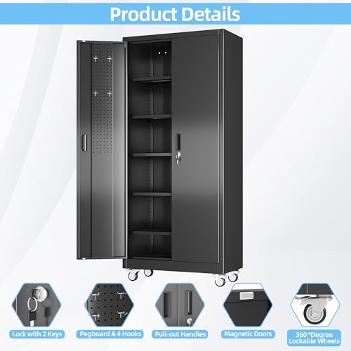 Garage Storage Cabinet with Wheels, 72" H, 2 Doors, 4 Adjustable Shelves, Black R4307