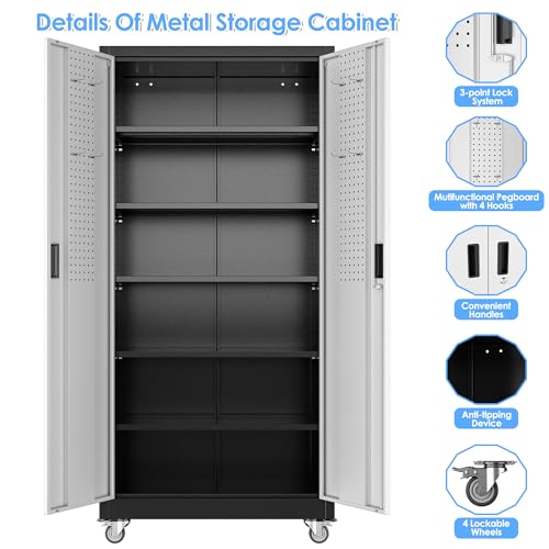 Garage Storage Cabinet with Wheels, 72" H, 2 Doors, 4 Adjustable Shelves, Black R4307