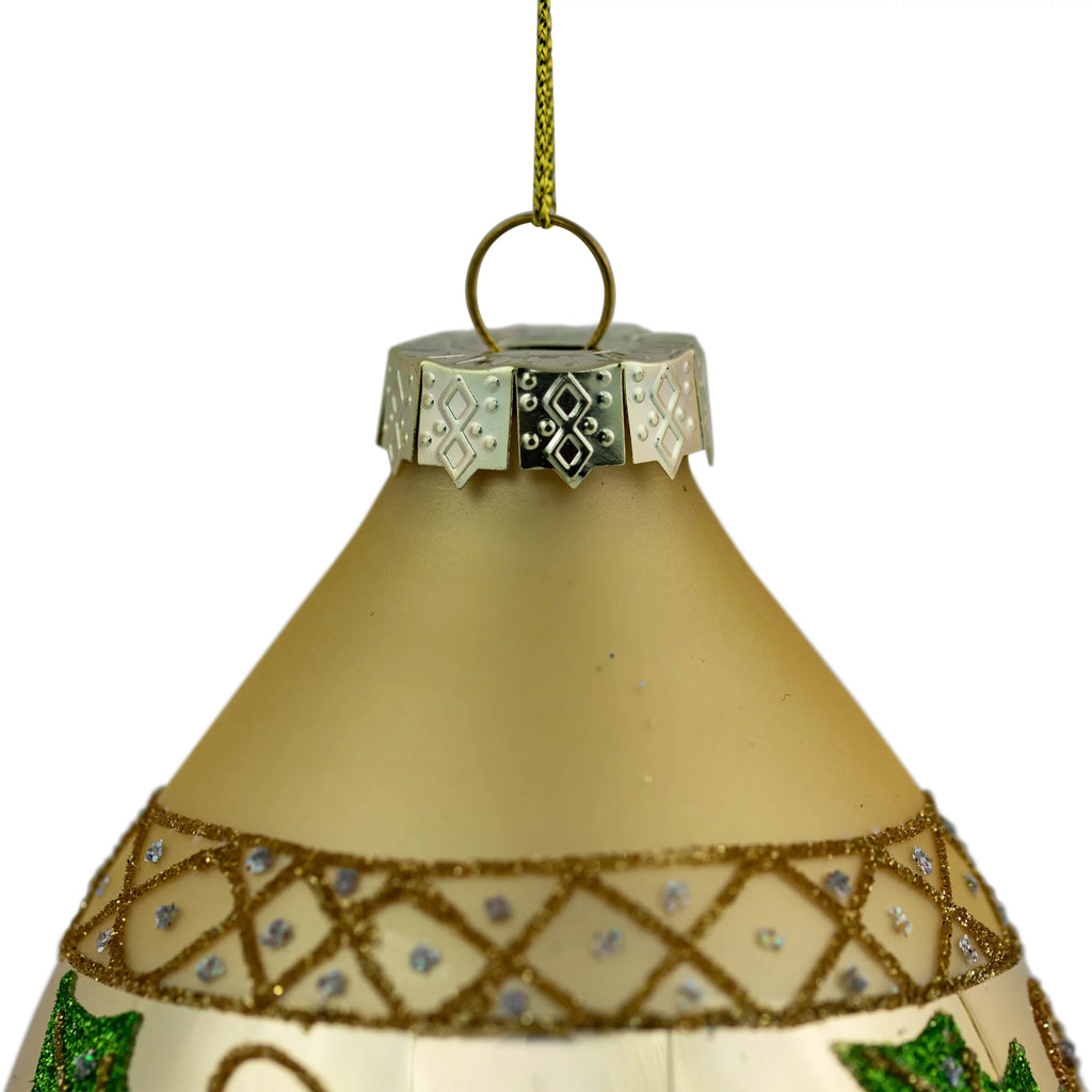 Golden Glitter Holly Christmas Glass Ornaments 5" Set of 2 X59666