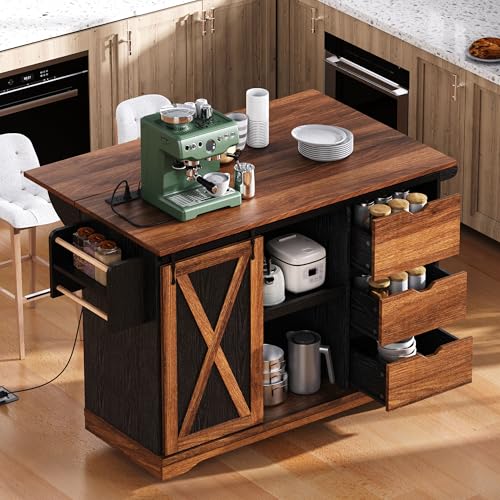 Farmhouse Kitchen Island with Drop Leaf, Barn Door and Power Outlet C3058