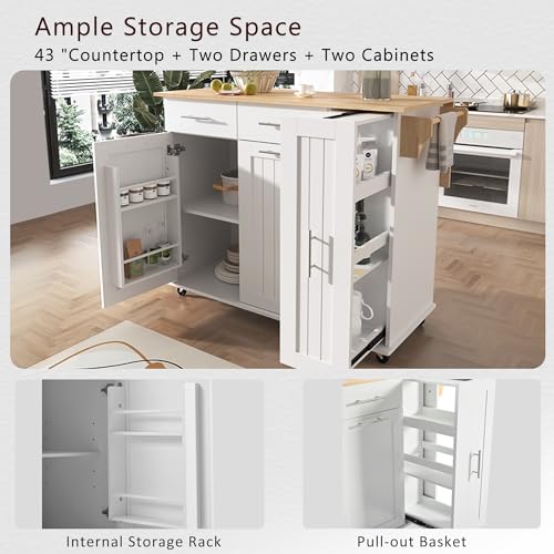 Large Kitchen Island with Drop Leaf, Rolling Cart, Power Outlet and Storage A3211