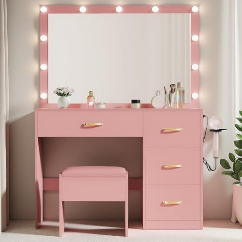 Vanity Desk Set with LED Mirror and Lights, Makeup Table with Drawers & Stool N790324