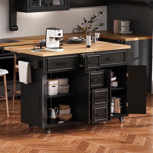 Rolling Kitchen Island Cart with Drop Leaf, Power Outlet, and 5 Open Shelves L877625