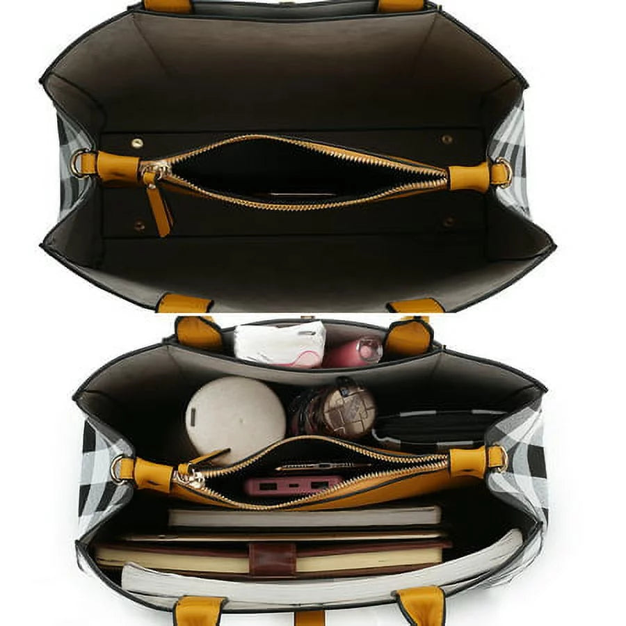 Checkered Vegan Leather Satchel Bag with Wallet 2 Piece Set E6856