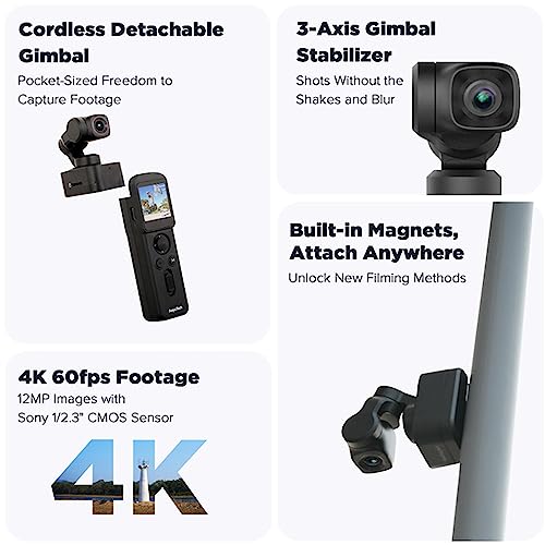 Camera with 3-Axis Gimbal, Magnetic Mount, Detachable Design for Travel Vlog F492