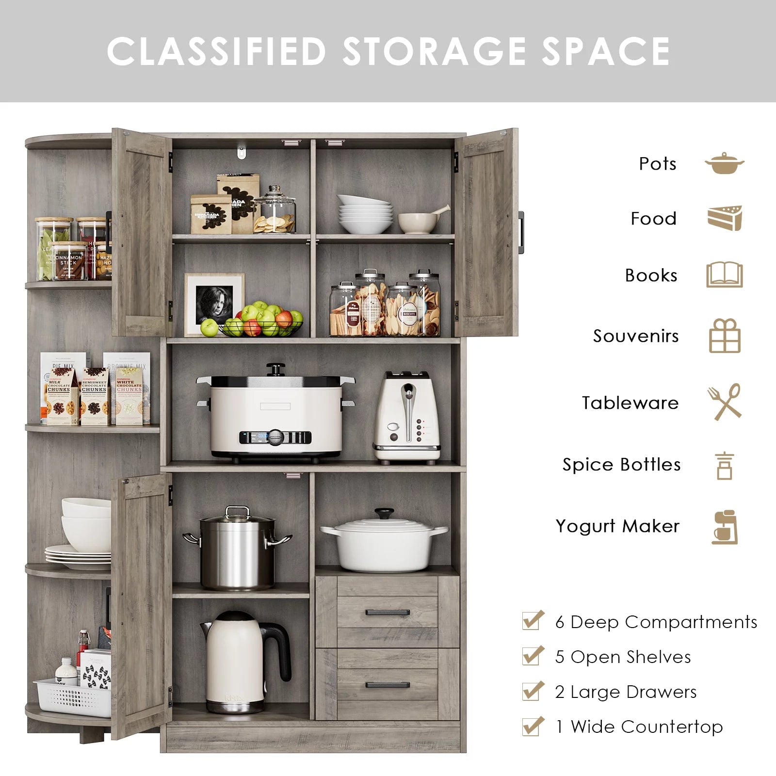 Large Kitchen Pantry with Adjustable Shelves, Wash Gray Z259