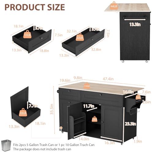 Kitchen Island on Wheels with Storage, Drop Leaf and Power Outlet I19403