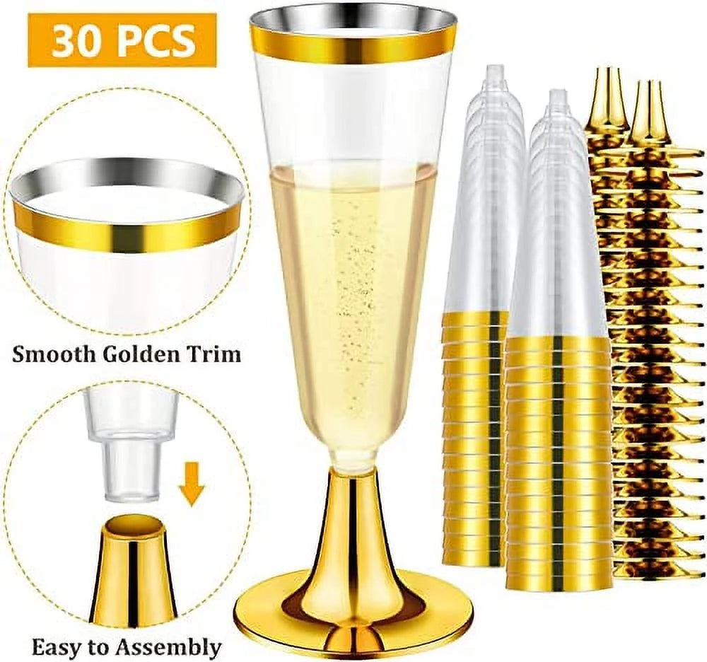 30 Pcs Gold Plastic Champagne Flutes, 150ml Reusable Party Cups F93063