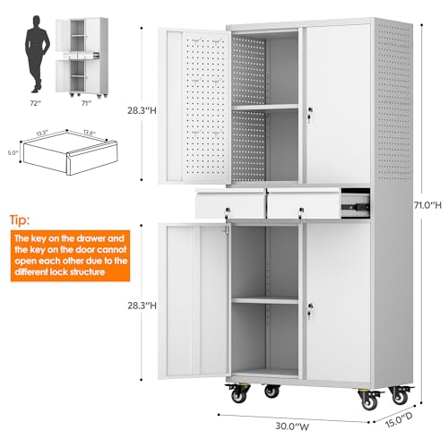 Metal Storage Cabinet with Wheels, 73" H, Locking Doors and Adjustable Shelves A1751