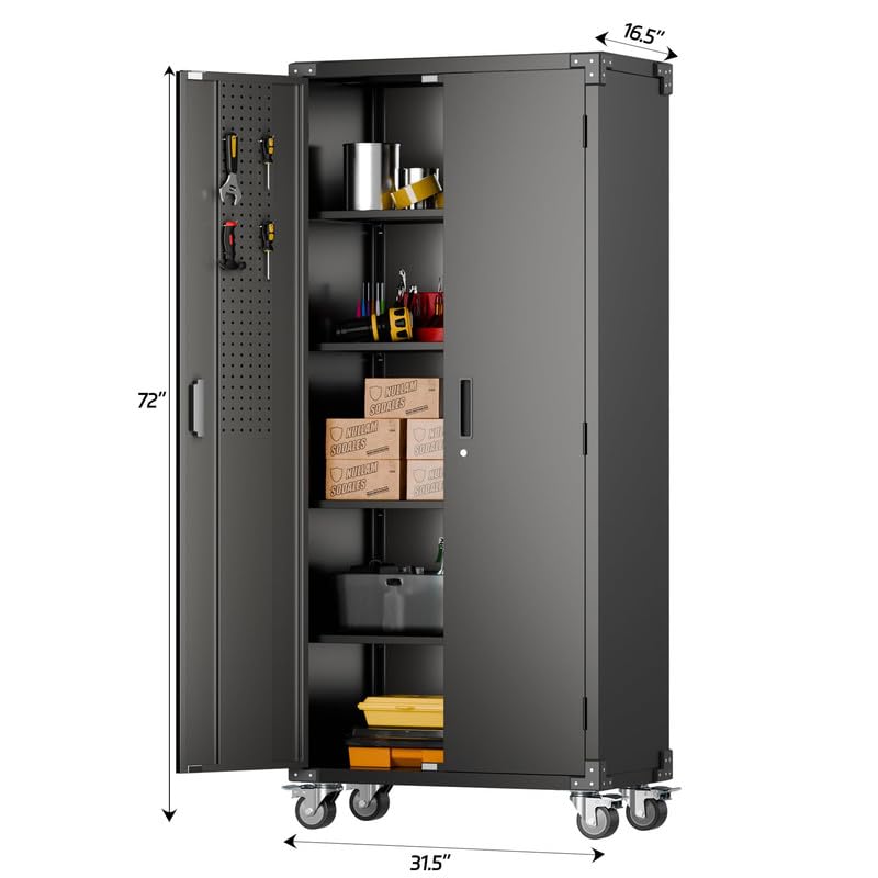 Garage Storage Cabinet with Wheels, 72" H, 2 Doors, 4 Adjustable Shelves, Black R4307