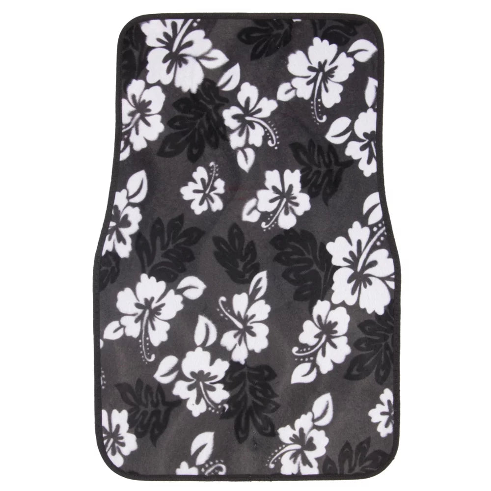 Hawaiian Hibiscus Carpet Floor Mats for Car Truck SUV - 4 Piece Set, Black & White I973141