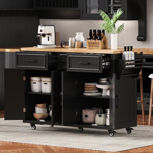 Rolling Kitchen Island Cart with Drop Leaf, Power Outlet, and 5 Open Shelves L877625