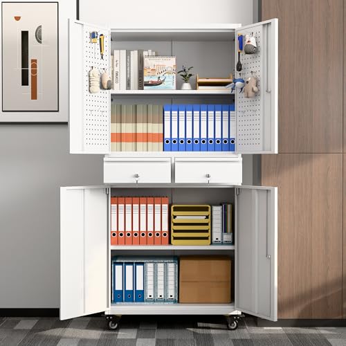 Metal Storage Cabinet with Wheels, 73" H, Locking Doors and Adjustable Shelves A1751
