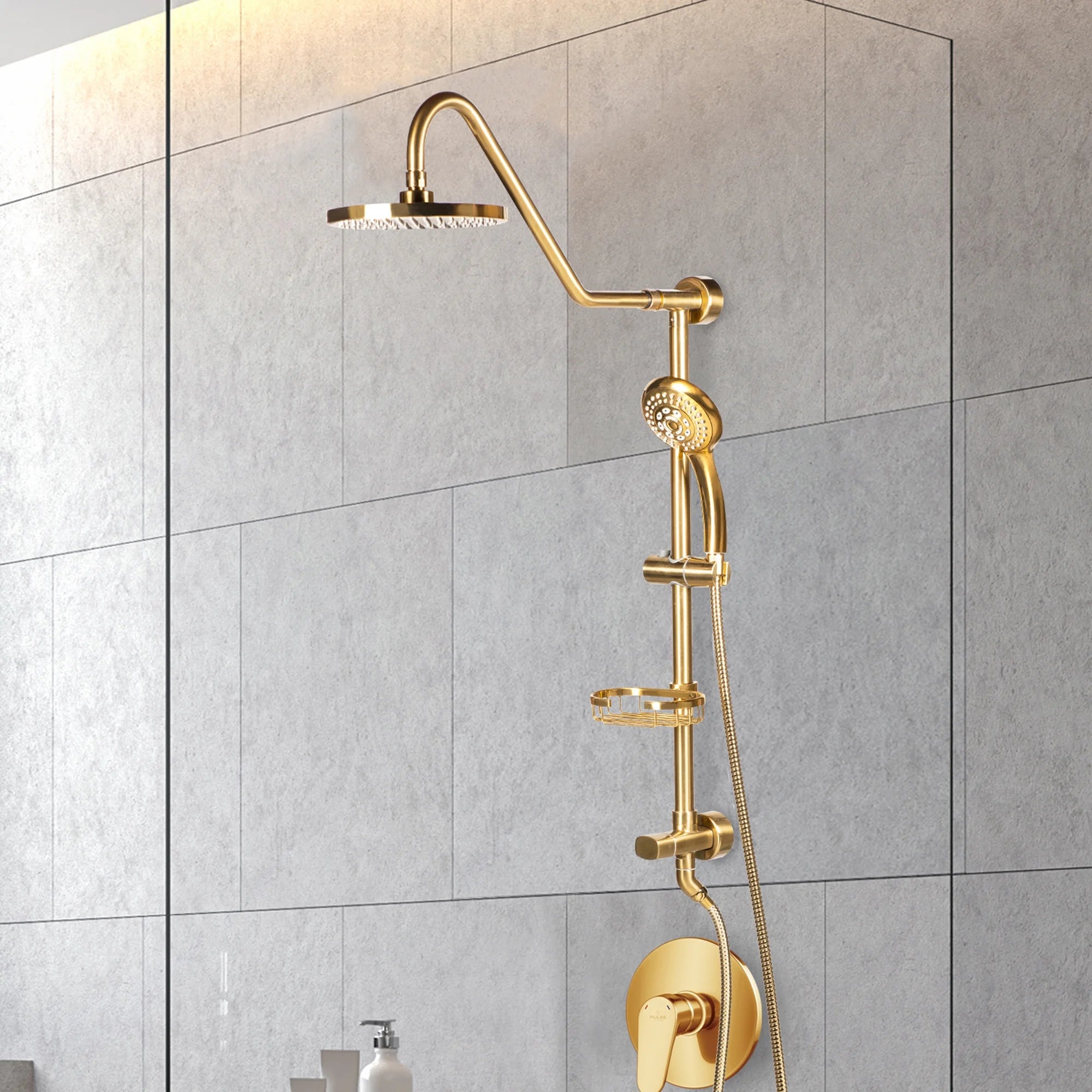Kauai III Shower System with 8" Rain Showerhead, 5-Function Hand Shower, Adjustable Slide Bar and Soap Dish, Brushed Gold Finish V276