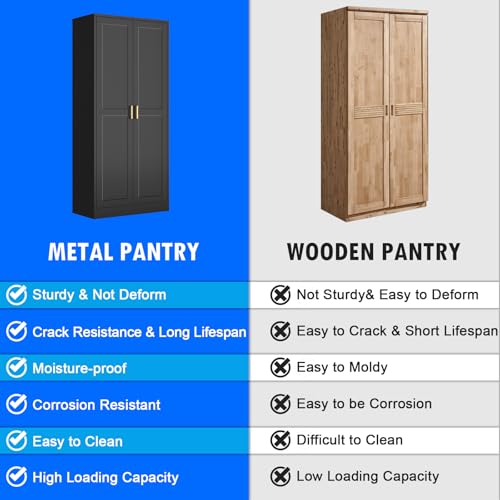 Tall Kitchen Storage Cabinet with Doors and Adjustable Shelves, Black Freestanding Cupboard J20442