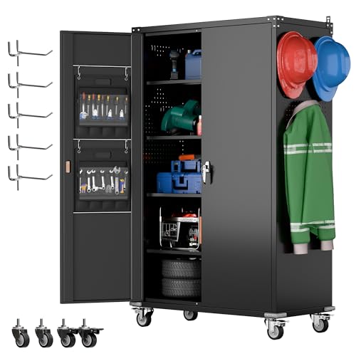 Metal Storage Cabinet with Wheels, 73" H, Locking Doors and Adjustable Shelves A1751
