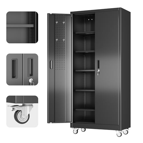 Metal Storage Cabinet with Wheels, 73" H, Locking Doors and Adjustable Shelves A1751