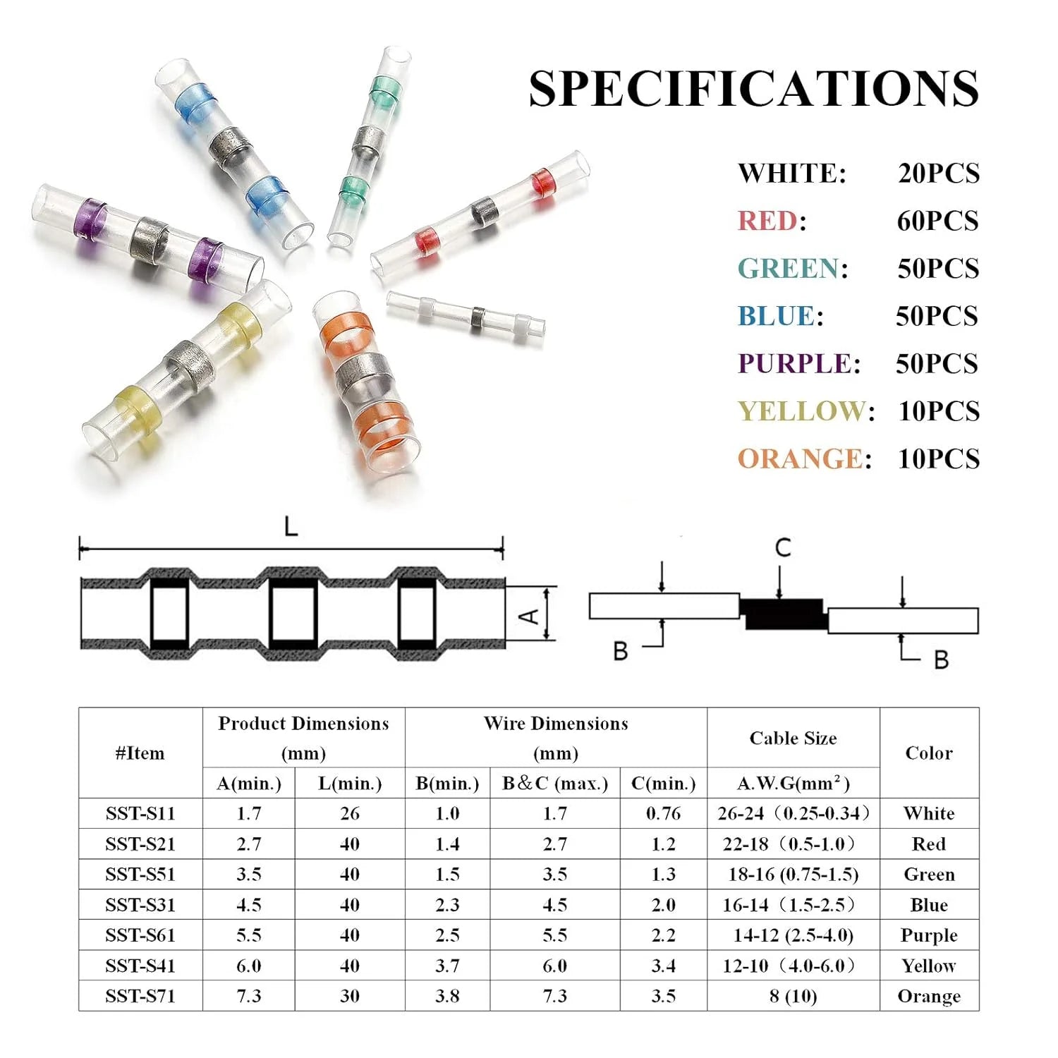 Solder Seal Wire Connectors, Self-Solder Heat Shrink Butt Splice, Waterproof Electrical Terminals for Automotive Boat Truck K24371