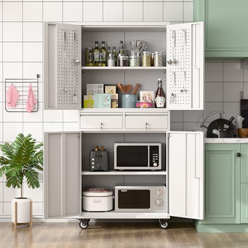 Metal Storage Cabinet with Wheels, 73" H, Locking Doors and Adjustable Shelves A1751