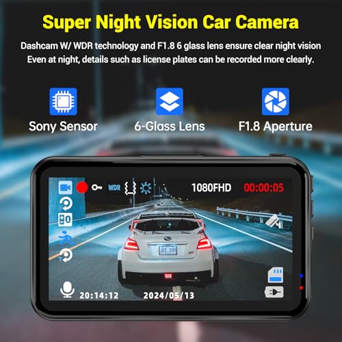 Dash Cam 1080P FHD with 32GB Card, Night Vision, 170° Wide Angle V8397