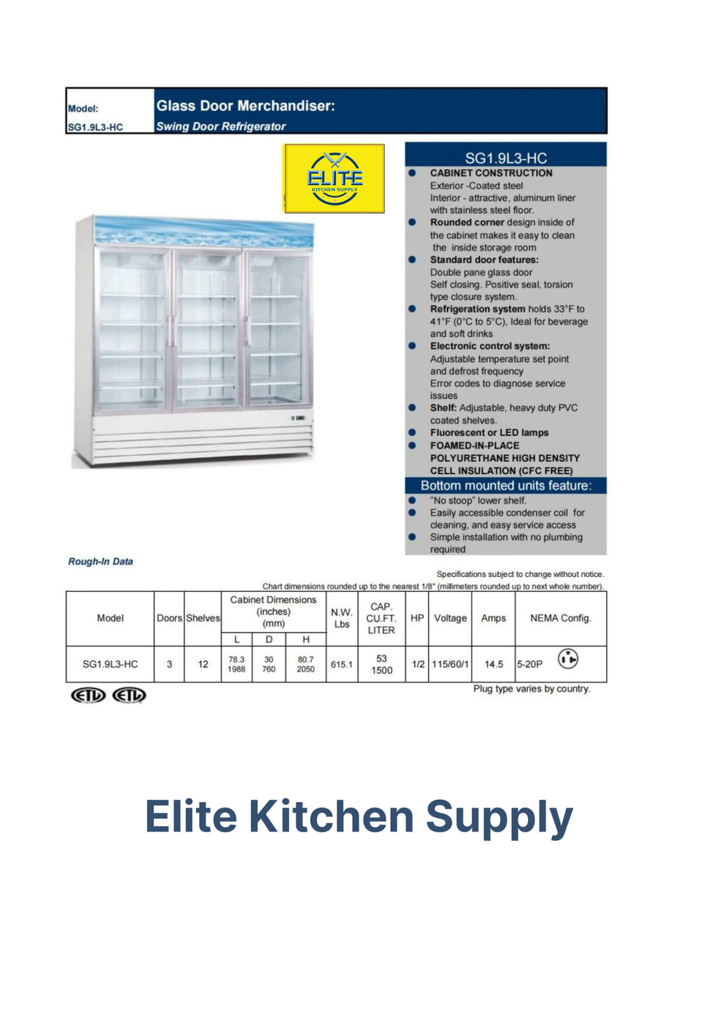 Three Glass Door Merchandiser Cooler Commercial Refrigerator, 53 Cu. ft. O498